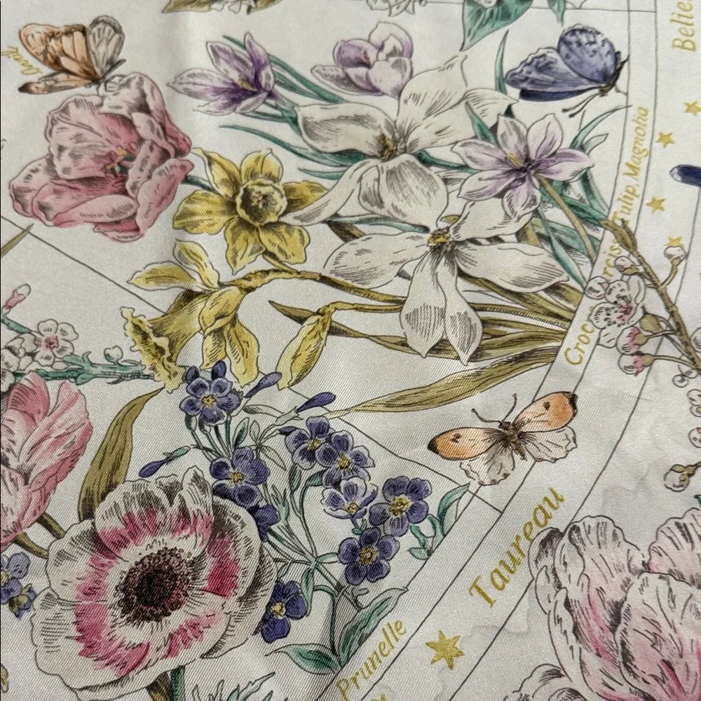 Dior White Silk Scarf with Floral and Sun Design